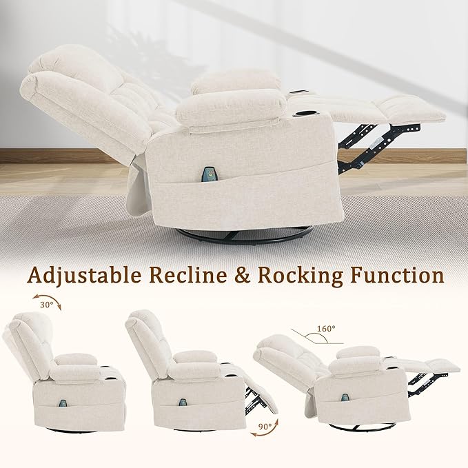 360° Swivel Rocker Recliner for Adults Nursery Glider Recliner with Massage and Heating Rocking Chair with Cup Holder Manual Recliner Chair for Living Room Bedroom (Fabric Beige)