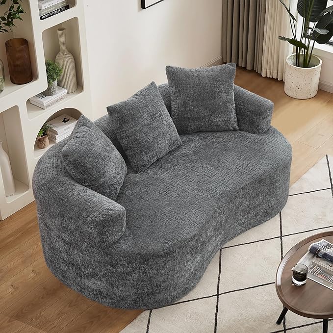 64 Small Loveseat Sofa Mordern Curved Chenille Couch with 3 PillowsNo Assembly Needed Comfy Cloud Loveseat Couch for Small SpacesLiving Room Apartment Full Compression Sponge (Grey 64 Inch)