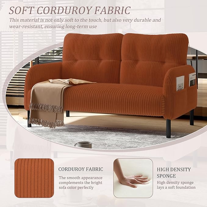 47'' Small Loveseat Sofa Comfy Corduroy Love Seat Couch for Small Spaces 2 Seater Sofa Office Couch with Solid Wood Legs for Living Room Bedroom Apartment (Orange)