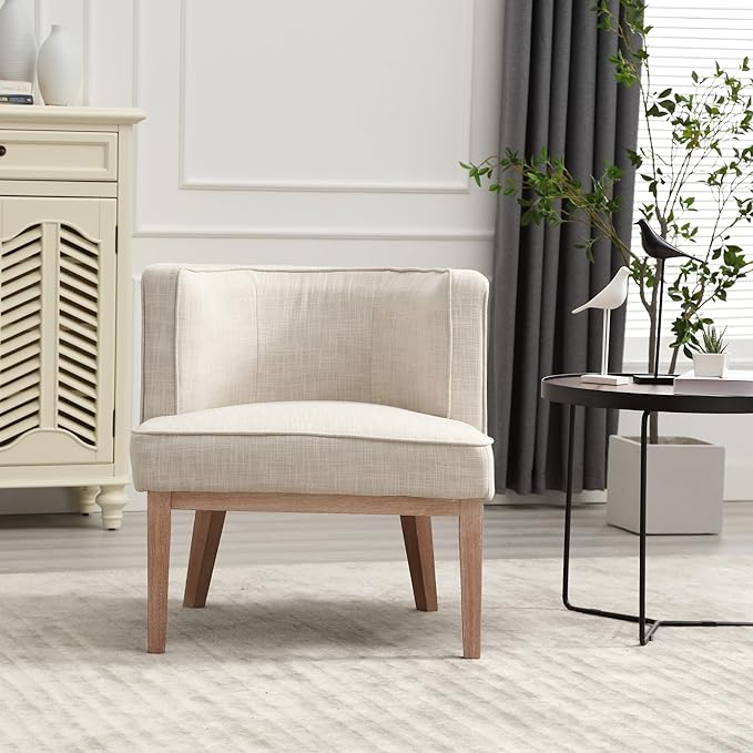 Set of 2 Arm Accent Chair Barrel Accent Chair with Wood Legs Comfy Barrel Side Chair Linen Upholstered Reading Chairs with Back for Living Room Bedroom Living Room Chair Beige