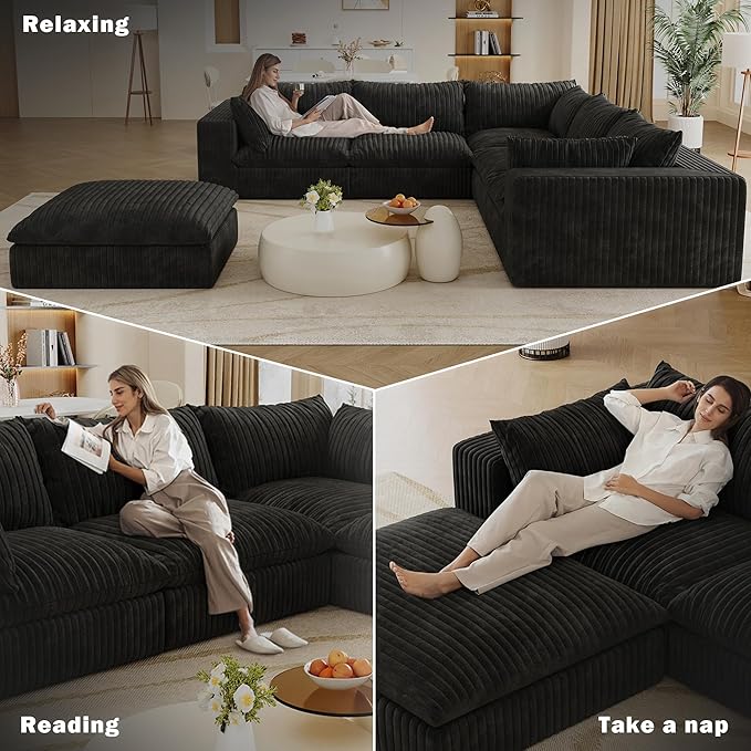 V-Shaped Corner Corduroy Boneless Sofa Couch with Thick Cushion&ampMemory Foam 118.2 Modular Sectional Couches No Assembly Required Cozy Cloud Fluffy Sofa with Ottoman for Living Room(Black) | Br