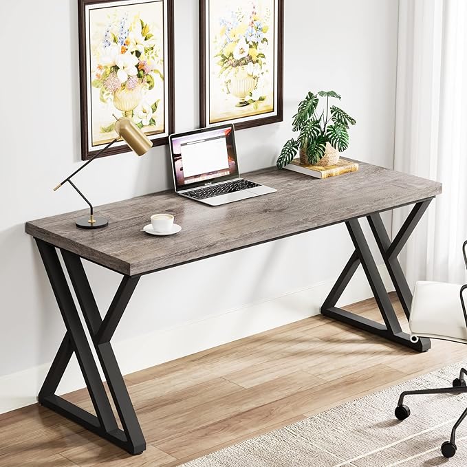 Tribesigns Writing Computer Desk 55 inch Heavy Duty Study Desk with Z-Shaped Metal Leg Modern Simple Home Office Computer Desk Grey
