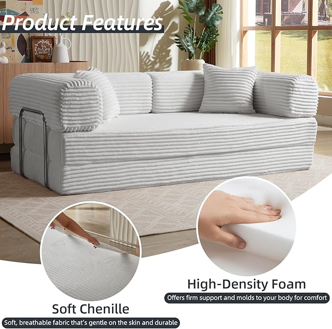 4-in-1 Convertible Folding Sleeper Sofa Bed Plush Corduroy Foldable Mattress Couch with Fixed-Shape Frame Floor Compressed Sofa for Living Room Bedroom (Light Grey)