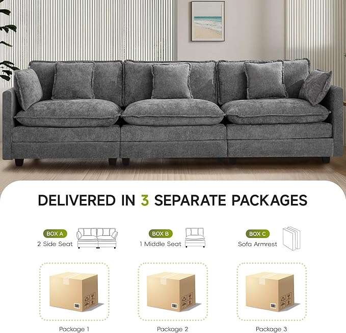 3-Seater Cloud Couch Oversized Modular Sectional Sofa with Deep Seat Soft Cushions Comfy Chenille Couch for Living Room Apartment &amp Family Space Grey