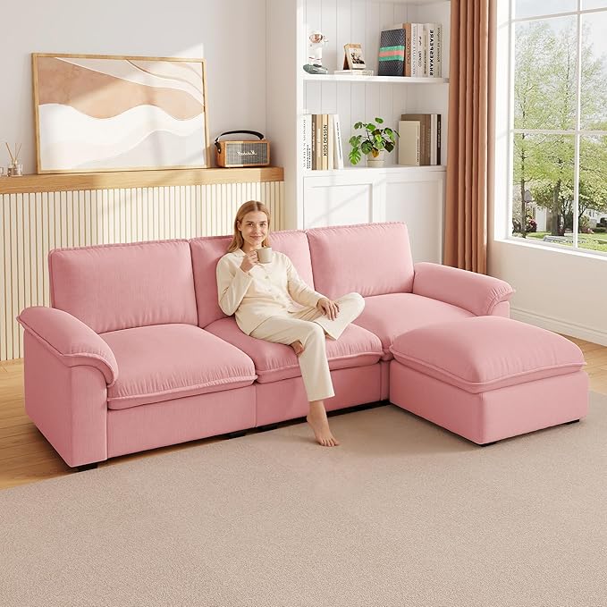 KEIKI 102 3Seat Modular Sectional Velvet Sofa Couch with Chaise Memory Foam for Feminine Retreat Bedroom Studio Style Conscious Glam Seekers Luxurious Elegant Sophisticated Quality Design Pink