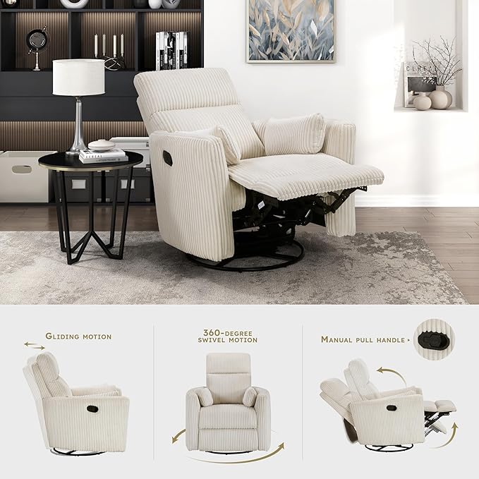 Lexicon Modern Swivel Glider Recliner Chair Nursery Glider Corduroy Fabric Upholstery Recliner with 2 Lumbar Pillows Manual Reclining Sofa Chair for Living Room/Office/Apartment Beige
