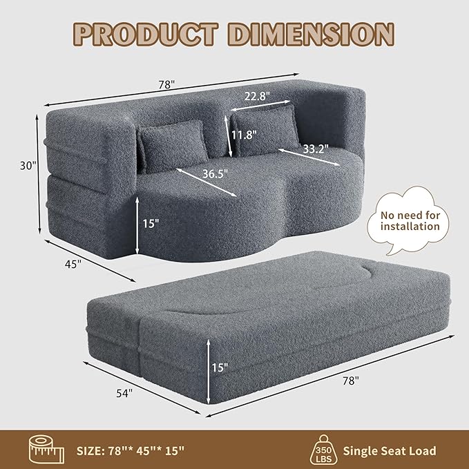 78 Teddy Folding Floor Sofa Couch BedConvertible Folding Sofa Bed Full Size Love Seat Sleeper Bed Floor Sofa Bed with 2 Pillows for Living Room Apartment Office (Grey)