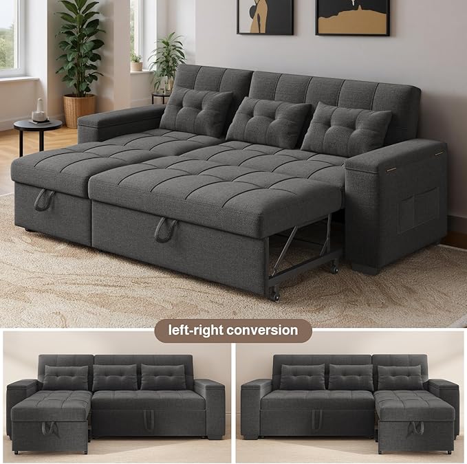 Ahomly 87 Convertible Sleeper Sofa Bed with Pull-Out Design Adjustable Backrest Wide Armrests with Storage Comfortable Pillows – Perfect for Small Spaces (Dark Grey)
