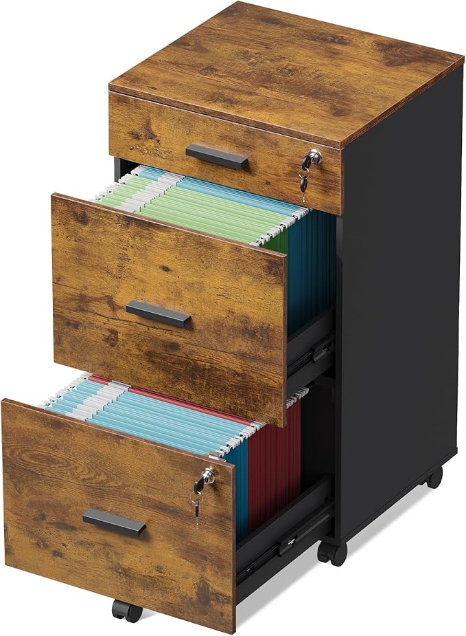 DEVAISE 3 Drawer Rolling File Cabinet with Lock Wood Filing Cabinet fits Letter / A4 Size for Home Office Rustic Brown