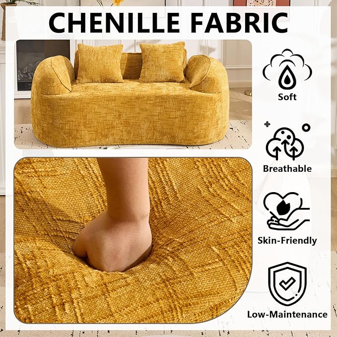 67 Curved Loveseat Sofa with 2 Pillows Modern Boneless Couch in a Box Small Cloud Loveseat for Bedroom Small Space Apartment Living Room Memory Foam Chenille No Assembly (Yellow)