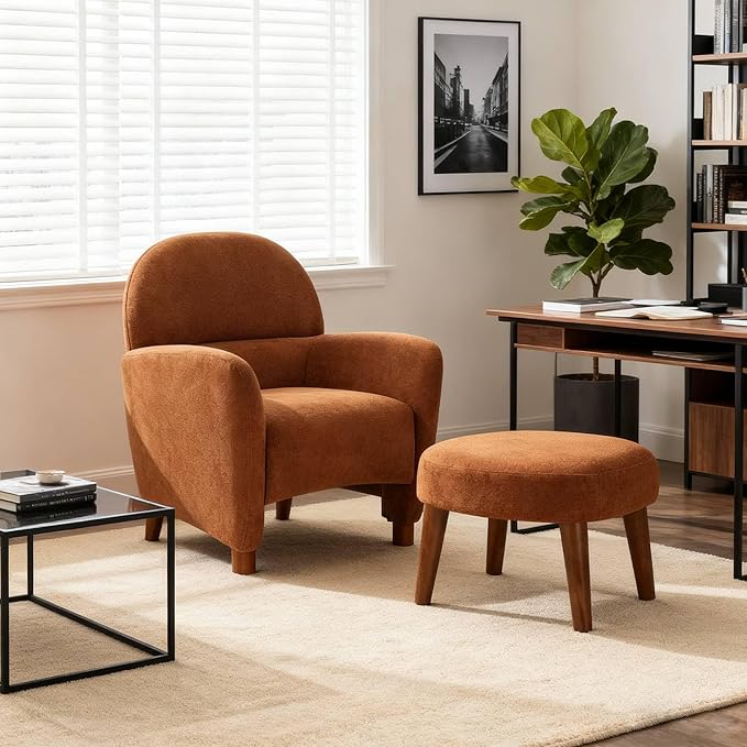 Lazy Chair with Ottoman Modern Boucle Accent Lounge Chair with Footrest Upholstered Leisure Sofa Reading Armchair with Wood Legs for Living Room Bedroom Dorm Garden-Orange