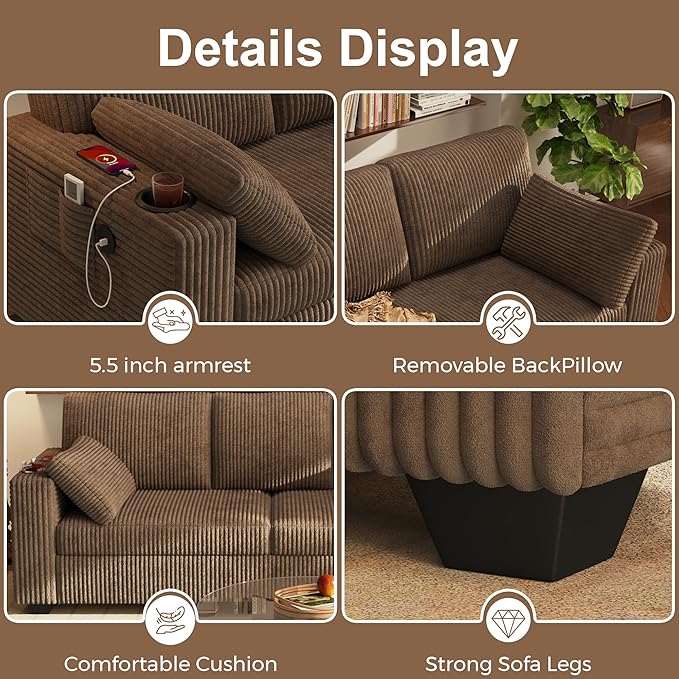 80'' Couches for Living Room Corduroy Cloud Couch Sofa with Cup Holders &amp USB 2 Pillows Comfy 3 Seater Sofas Modern loveseat Couch for Small SpaceApartmentBedroom Light Brown