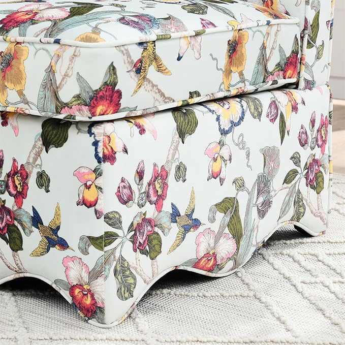 Polibi Retro Single Chair with Flower Pattern and Wave-Shape Edge Flannel Upholstered Armless Sofa Chair with Seat Cushion and Pillow for Living Room Bedroom Red+Yellow Flower