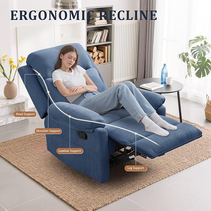 Recliner Chair Manual Recliner for Adults with Side Pocket Small Recliners for Small Spaces Adjustable Comfy Overstuffed Corduroy Reclining Chairs for Living Room Reading Bedroom Blue
