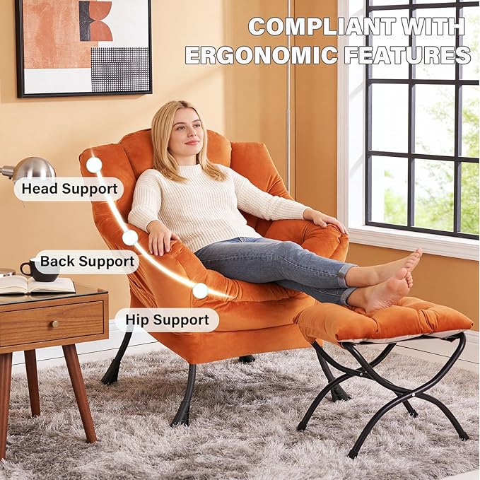 Lazy Chair with Folding Ottoman Modern Accent Armchair with Armrests Side Pocket &amp Foldable Footstool Reading Chair for Living Room Bedroom Dorm &amp Office Velvet Orange