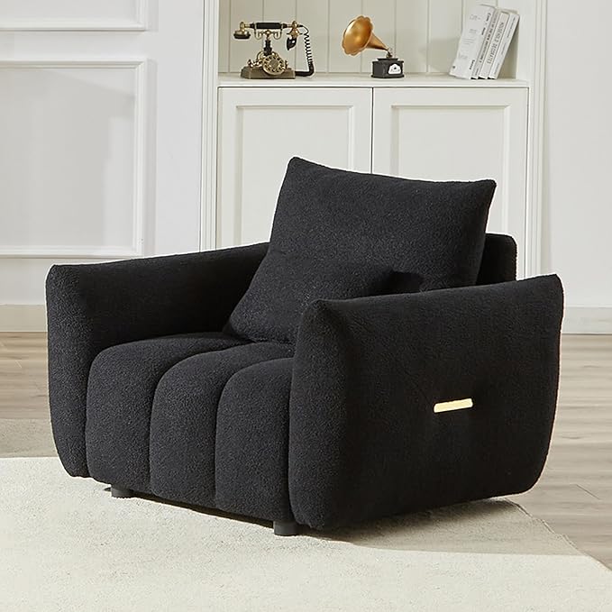 Modern Accent Chair with One Pillow 36.8'' Teddy Fabric Upholstered Sofa with Solid Wood Frame Single Sofa Lounge Chair for Apartment Office Living Room (Black * Pillow98)