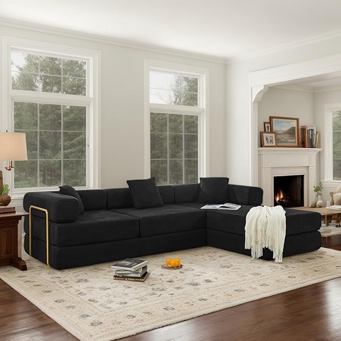 108 W Corduroy Modular Cloud Couch with Fixed-Shape Frame Oversized L-Shaped Sectional Sleeper Sofa Bed with Pull Out Bed No Assembly Modern Floor Boneless Couch for Living Room (Black)