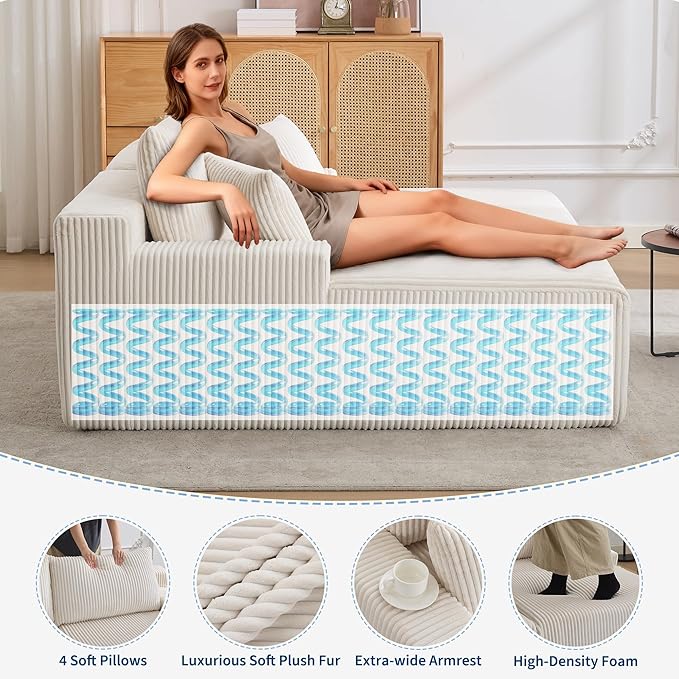 Oversized Chaise Lounge Chair 67 * 61 Indoor Double Cloud Boneless Couch with 4 Pillows Armrests Deep Seat No Assembly Required Comfy Corduroy Sleeper Sofa Bed for Living Room
