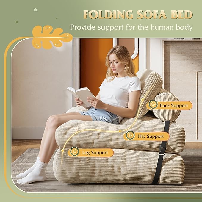 WLIVE Folding Sofa Bed for Living Room Boneless Chair Folding Chair Bed Bean Bag Chairs for Adults Pull Out Sofa Bed Dorm Bedroom Beige