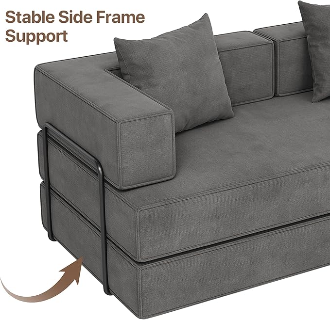 4-in-1 Convertible Sofa Bed 82“ Compression Sofa with Chenille Fabric Pull Out Sleeper Sofa with 2 Pillows &amp 4 Side Pockets for Living Room Bedroom Apartment No Assembly Required Dark Grey