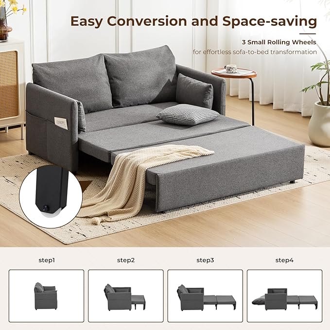 Furnimart 62 Queen Sleeper Sofa 3 in 1 Convertible Loveseat Sleeper Pull Out Sofa Bed with 6-Position Adjustable Backrest Modern Futon Couch for Living Room Apartment RV Linen Dark Grey