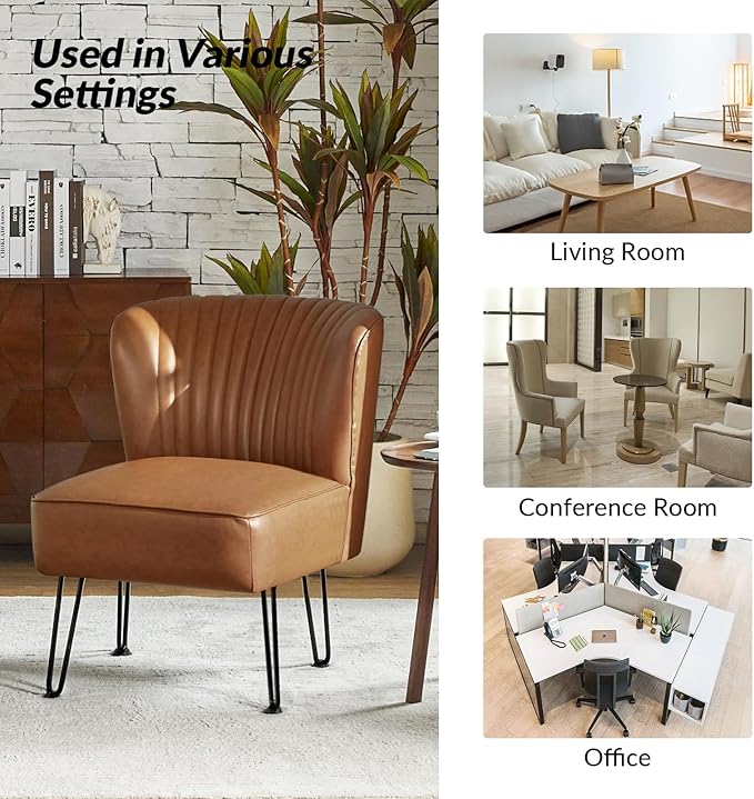 HULALA HOME Faux Leather Accent Chair with Metal Base Mid Century Modern Living Room Chair Comfy Upholstered Armless Side Chair for Bedroom Office Camel