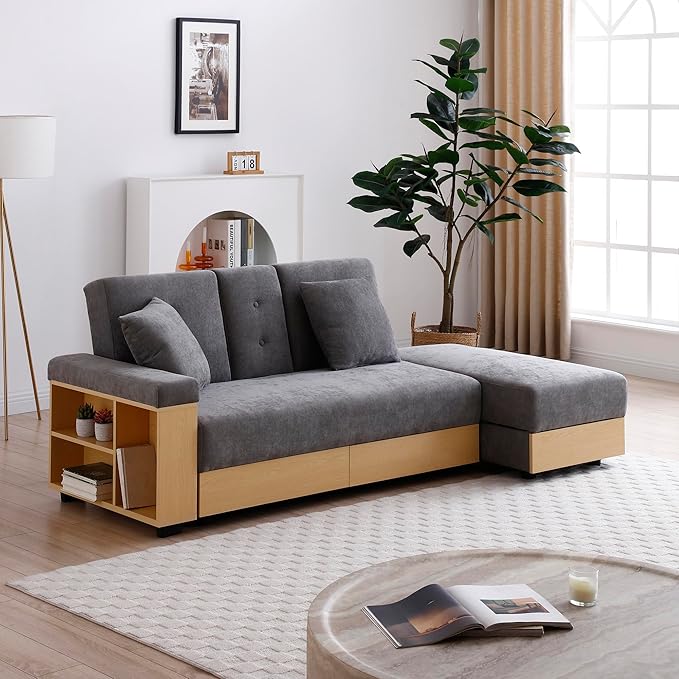 Convertible Sleeper Couch Multi-Functional Sofa Sleeper with Storage Ottoman and 2 Drawers Sectional Couch for Living Room Drop Down Table with 2 Cup Holders Storage Armrest Design (Grey)