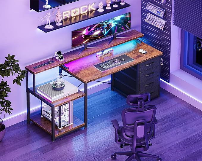 ODK 55 Inch Computer Desk with 4 Fabric Drawers &amp Power Outlets Home Office Desk with Monitor Stand &amp Shelves Brown