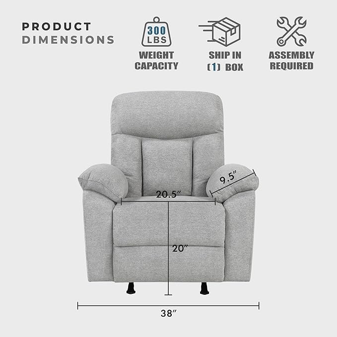 Lexicon Manual Rocker Recliner Chair for Living Room Chenille Fabric Upholstered Rocking Reclining Chair Home Theater Seating Easy Assembly Recliner Gray