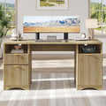 Bestier Computer Desk with 2 Drawer 59 inch Office Desk with Storage Cabinet &amp 2 Open Storage Fluted Executive Desk for Home Office &amp Studio Brown Oak