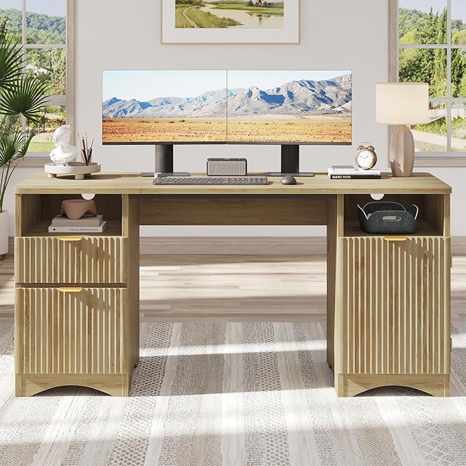 Bestier Computer Desk with 2 Drawer 59 inch Office Desk with Storage Cabinet &amp 2 Open Storage Fluted Executive Desk for Home Office &amp Studio Brown Oak