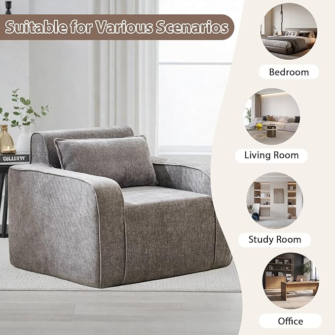 Accent Chair Set of 2 42'' Wide Oversized Boneless Sofa Chenille Mid Century Modern Armchair for Living Room Bedroom Comfy Accent Chair Single Sofa Gray