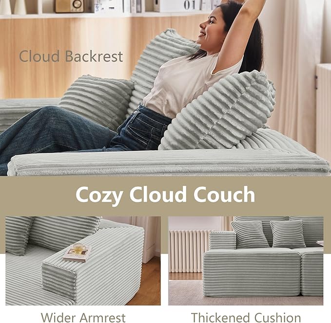 140 L Shaped Cloud Sectional Couch for Living Room Modular Floor Deep-Seat Sofa Big Comfy Corduroy Couches Set with Fluffy Memory Foam for Living Room Bedroom No Assembly Required Grey
