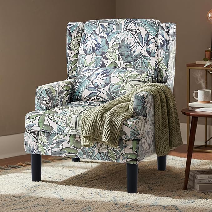 Modern Accent Chair for Living Room Chairs Oversized Reading Chair Accent Chairs for Living Room Sofa Chair with High Back and Wood LegsUpholstered Armchair Comfy Chair for Bedroom(Green Floral)