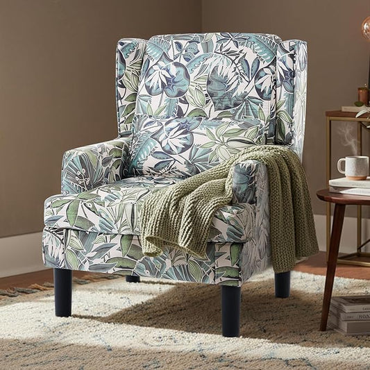 Modern Accent Chair for Living Room Chairs Oversized Reading Chair Accent Chairs for Living Room Sofa Chair with High Back and Wood LegsUpholstered Armchair Comfy Chair for Bedroom(Green Floral)