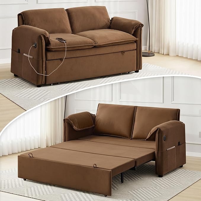 63 Velvet 3 in 1 Convertible Sleeper Sofa Bed Pull Out Couch Bed Loveseat with Adjustable Backrest Chaise Lounge USB Port &amp Side Pocket Modern Sofa for Living Room Small Spaces Brown