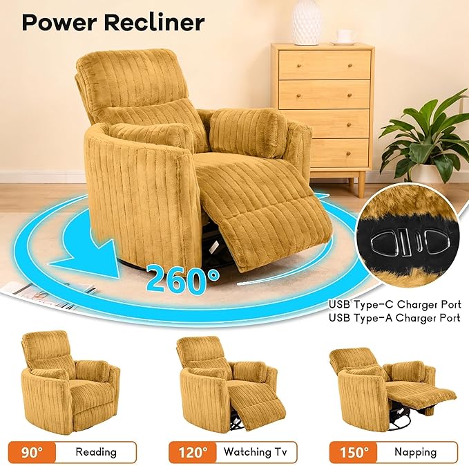 leovanni Power Swivel Rocker Recliner Chair USB Ports Electric Nursing Reclining Chairs Chenille Upholstered Nursery Glider Rocking Chair with 2 Pillows for Bedroom Living Room Yellow