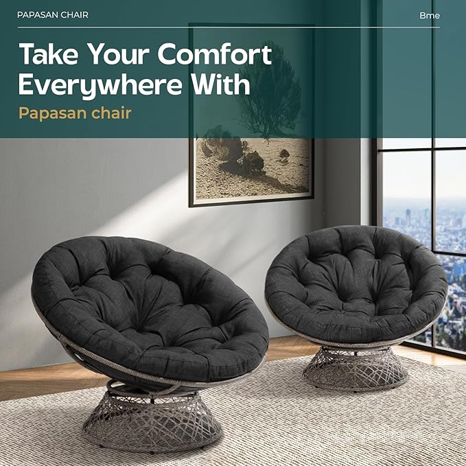 Bme 46 Large Size Ergonomic Wicker Papasan Chair with Soft Thick Density Fabric Cushion Bee-Designed Base High Capacity Steel Frame 360 Degree Swivel for Living Bedroom...