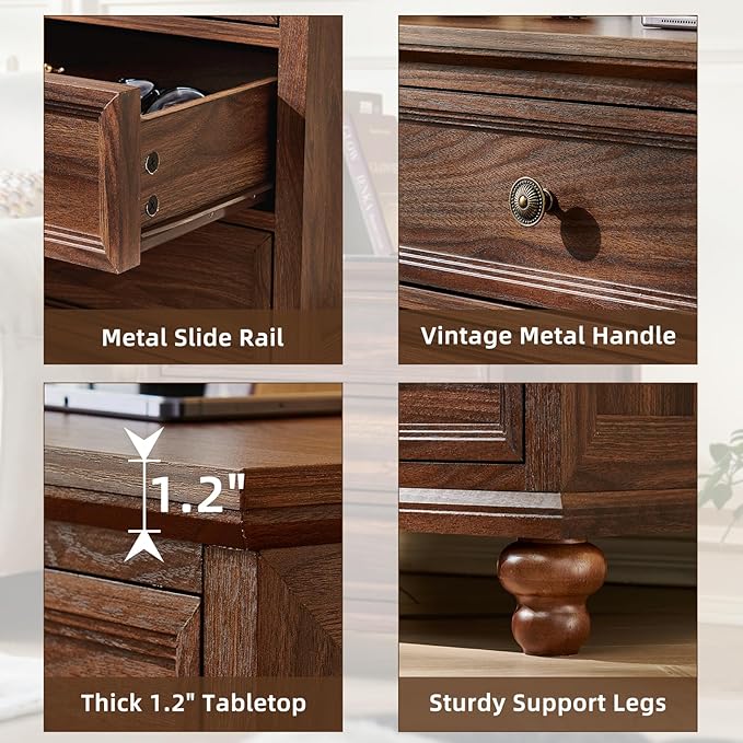 Farmhouse Nightstand with Charging Station 24 Wide End Table with 3 DrawersWood Dresser Cabinet for Bedroom Bed Side Table Chest of DrawersNight Stand for Living Room ClosetBrown