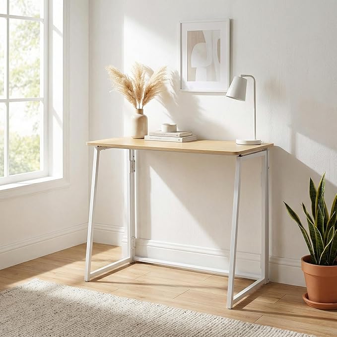 FurnitureR Folding Desk 31.5 Inches Foldable Simple Laptop Table Space Saving Computer Study Desk Compact Writing Workstation for Small Space Light Oak