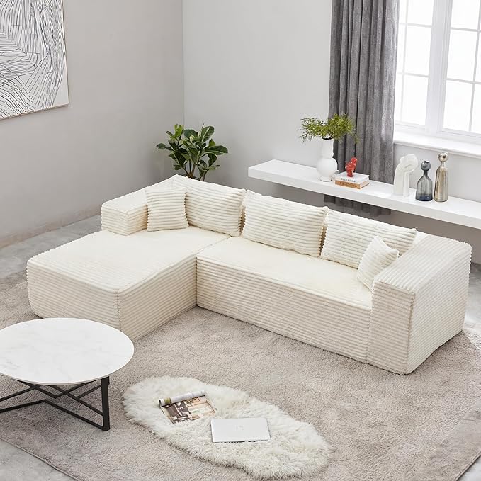 107 Combination Sofa Couches Does Not Require Assembling L-shaped ReclinerModular Sofa Set Of 2Fits Living Room Bedroom Office Corduroy FabricEquipped with headrest (left facing chaise White）