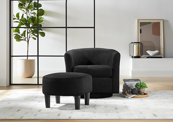 Swivel Accent Chair 360° Comfy Recliner Corduroy Arm Chair Single Sofa with Ottoman for Living Room BedroomBlack