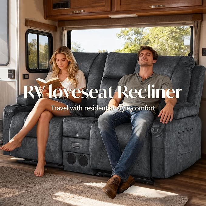 Houjud Manual Reclining Loveseat Sofa with Console Recliner Sofa RV Couch with Bluetooth Speakers USB Charging AC Outlets and Pillow for Home Theater Velvet Gray