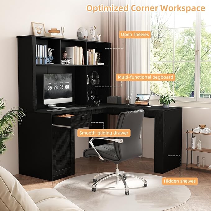 L Shaped Desk with Hutch Drawer Modern Computer Desk with USB Ports &amp Power Outlets Wood Corner Computer Desks with Storage Shelves for Home Office Black
