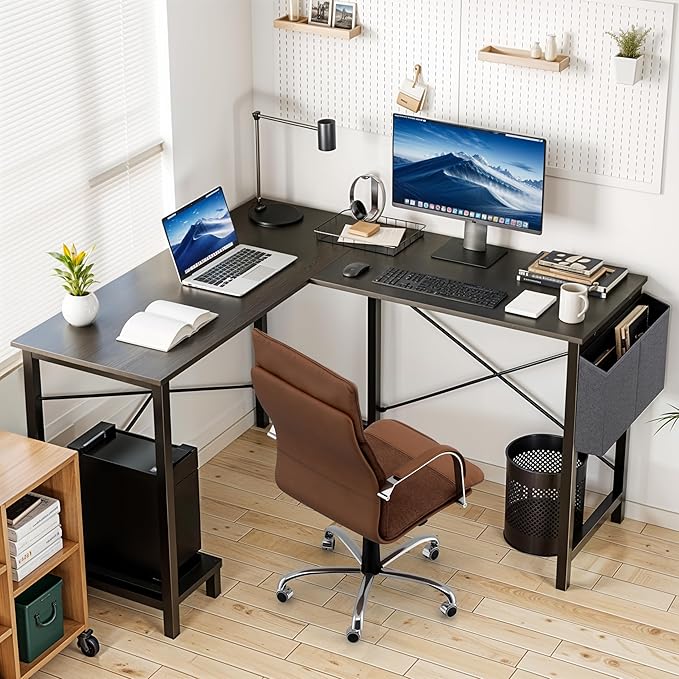 50 Inches L Shaped Home Office Computer Desk Reversible Corner Table PC with Wood Tabletop Metal Frame CPU Stand Side Bag for Gaming Working and Studying Black