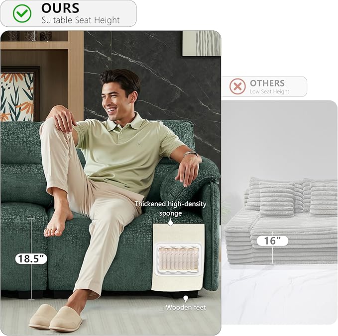 135 Modular Sectional Couch for Living Room Morden Chenille U Shaped Boneless Couch Cloud Sofa with Removable Armrest for Bedroom Apartment Green