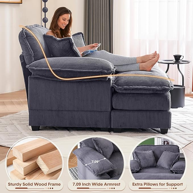 Oversized Chaise Lounge Indoor 56.3 Big Comfy Modern Sleeper with Removable Ottoman Wide Armrest and 2 Pillows Corduroy Couch with Deep Seat Lounge Chair for Living Room Reading Bedroom (Grey)