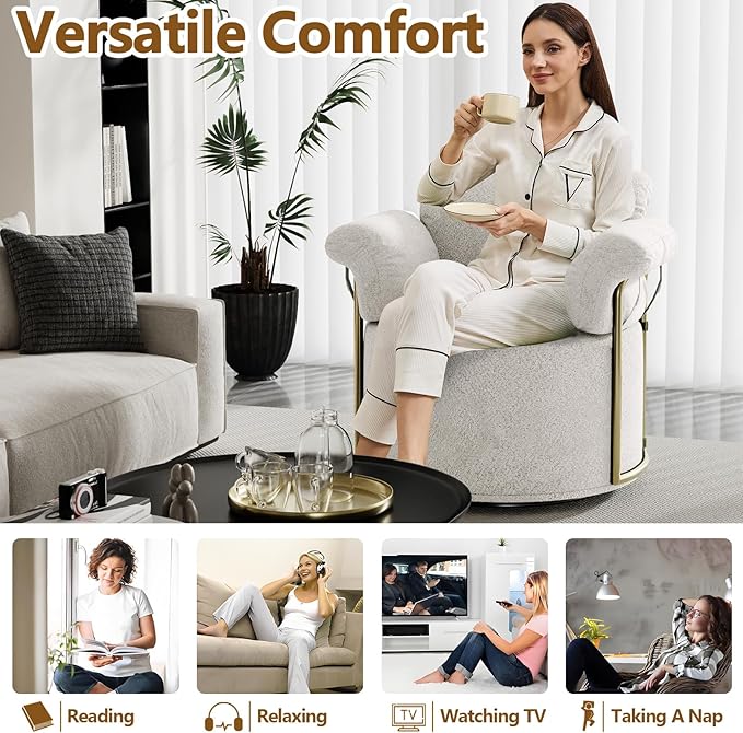 Swivel Accent Chairs for Living Room 360 Swivel Barrel Chair &amp Round Accent Chair with Armrests and Back for Office and Living Room (Beige)