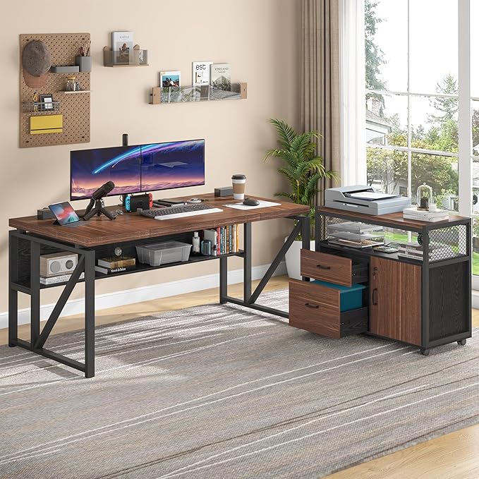 Tribesigns Office Desk with Drawers Sets 63 inches L Shaped Computer Desk with Mobile File CabinetBig Executive Desk for Home Office Furniture Sets (Dark Brown 63-inch)