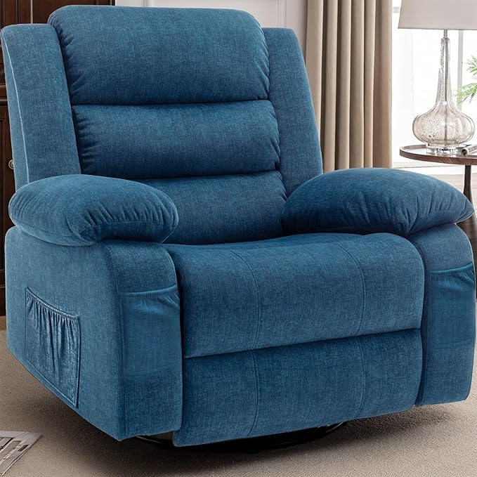 Recliner Chair Wide Rocker Chair Rocking Chair with Massage and Heat360°Swivel Nursery Rocking Chairs Oversized Recliner for Adults Cashmere Reclining Sofa for Living Room Blue